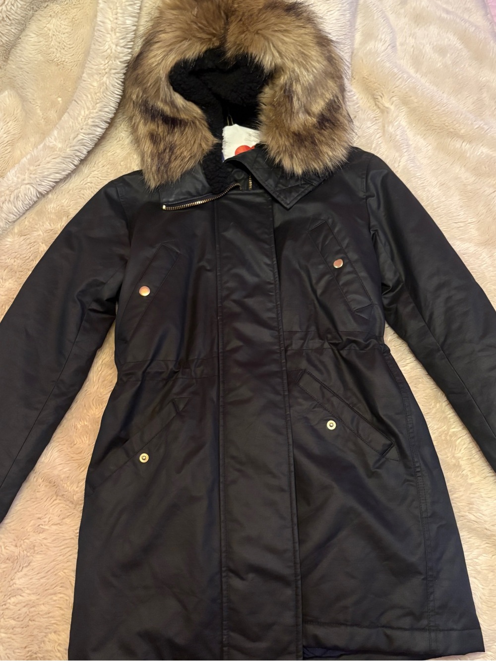 J. Crew Black Trench Coat with Faux-Fur Trimmed Hood
